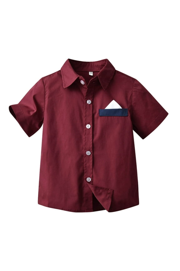 Boys Collar Dress Shirt Little Kidys Red Short Sleeve with Pocket Toddler Boys Summer Formal Shirt