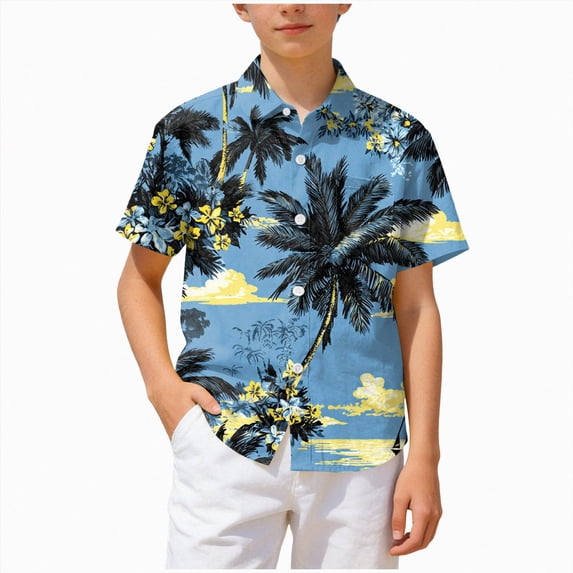 Xudanell Boys Hawaiian Shirt Tropical Short Sleeve Button Down Shirt Summer Floral Beach Shirts with Pocket for 4-14 Years (5-6 Years,Navy)