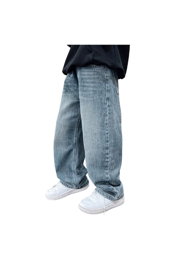 Boys Jeans Baggy Straight Leg Elastic Waist Loose Denim Pants with Pockets (Blue, 12-13 Years)