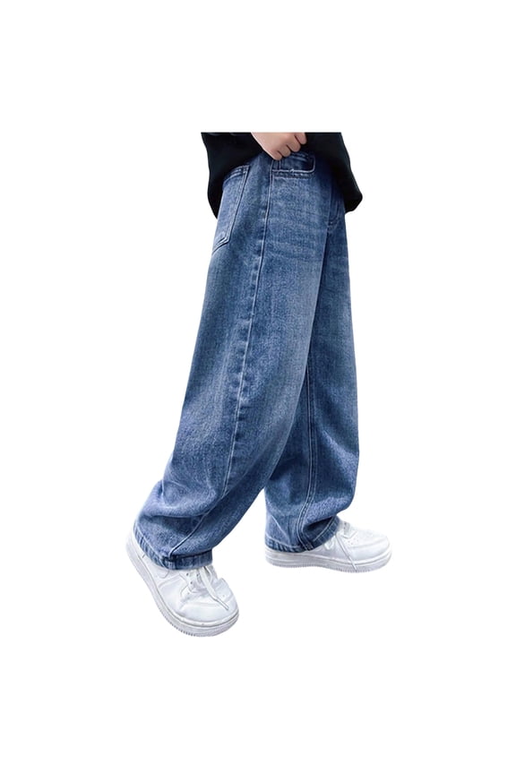 Boys Jeans Baggy Straight Leg Elastic Waist Loose Denim Pants with Pockets (Light Blue, 10-11 Years)