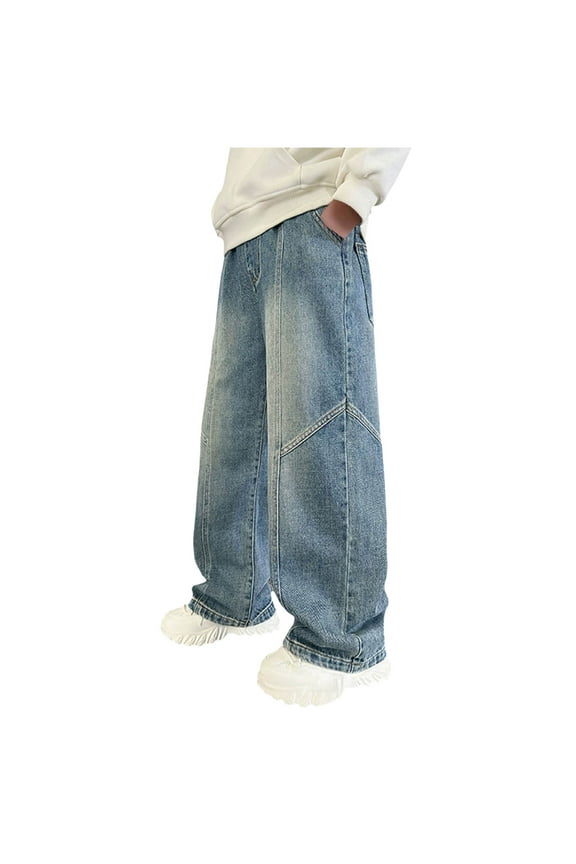 Boys Jeans Baggy Vintage Straight Leg Denim Cargo Pants with Pockets 8-14 Years (Blue, 6-7 Years)