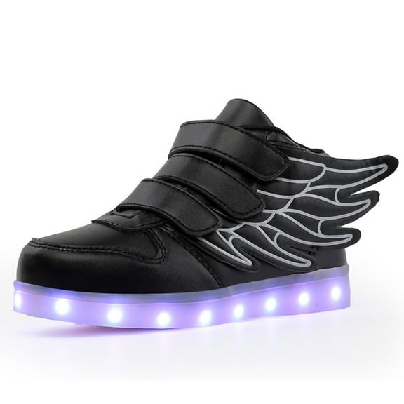 Xudanell Boys Luminous Shoes Colorful Charging Light Shoes with Wing Decorations High Top Boys Sneakers Black