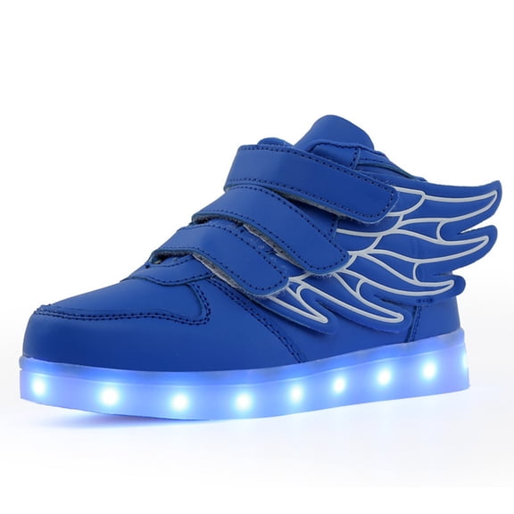 Xudanell Boys Luminous Shoes Colorful Charging Light Shoes with Wing Decorations High Top Boys Sneakers Blue