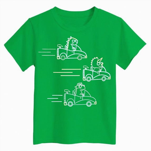 Xudanell Boys Shirts Summer Round Neck Short Sleeved Shirt with Dinosaur Car Pattern Green 11-12 Years