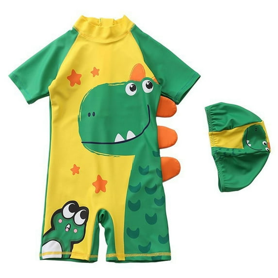 Xudanell Boys Short Sleeve Swim Shirt Boys Rear Zipper Swimsuit with Cute Print Matching Hat Ocean Themed Rash Guard Surfing Suit for Little Boys