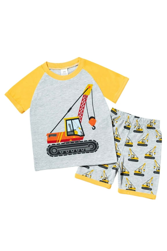 Boys' Short Sleeve T-Shirt and Short Outfit Set Size 1-7 Years Toddler Boys' Dinosaur Print Cotton Summer Outfits Sets (Yellow, 4-5 Years)