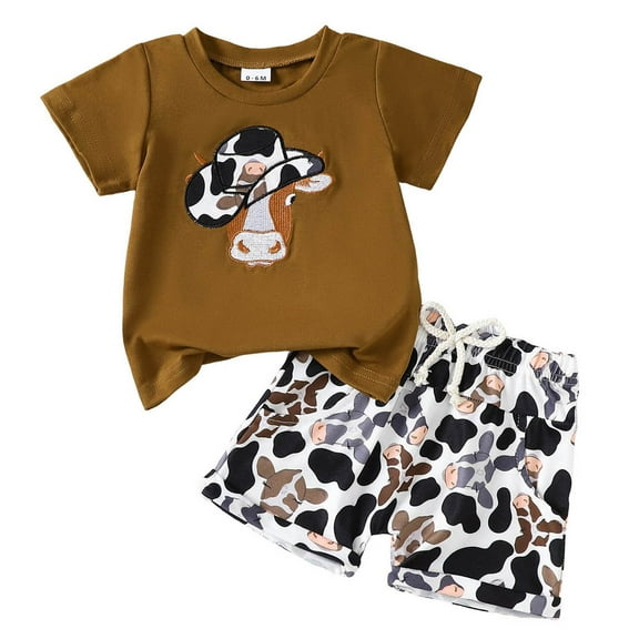 Xudanell Boys Suit Cow Spotted Printing T Shirt Shorts Cowboy Print Set 24 Month Boy Clothes Brown 0-6 Months