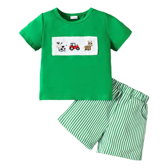 Xudanell Boys Suits Boy Embroidery Tee Pattern Tshirt Vintage Plaid Short Pants Baby Clothes Green 3-4 Years