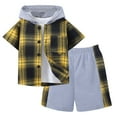 thumbnail image 1 of Xudanell Boys Summer Clothes Baby Boy Outfits Short Sleeved Shirts Pants Plaid Color Collision Hooded Two Piece Suit Boys Suit Track Suits For Kids Boys 2 Piece Sets, 1 of 8