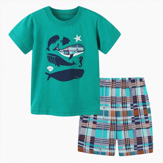 Xudanell Boys Summer Outfits Cotton Crewneck Short Sleeve T Shirt Shorts Two Piece Pocket Stretch Set Youth Loose Fit Toddler Boys Clothes Dark Green 2-3 Years