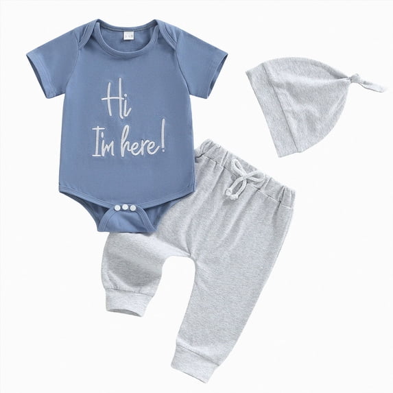 Xudanell Boys Summer Outfits Short Sleeve Boy Clothes Infant Graphic Printed Romper Solid Color Pants 3 Piece Sets Blue 0-3 Months