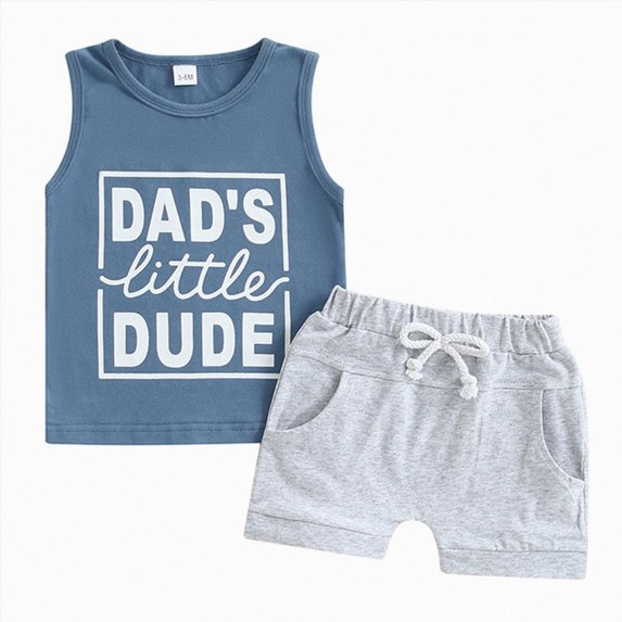 Xudanell Boys Summer Outfits Sleeveless Casual Boys Clothing Sets Letter Graphic Dads Boy Shirt Drawstring Shorts Blue 6-12 Months