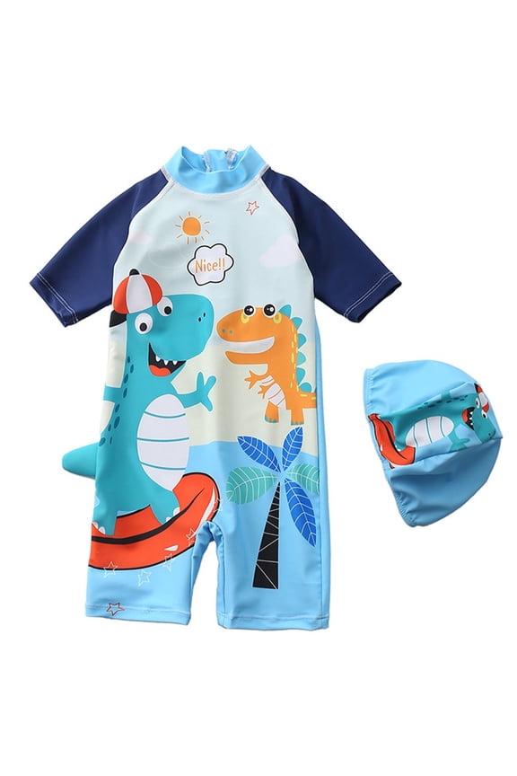 Boys Swim Set Summer Beach Essentials 1 Piece Boys Swimsuit Set Surf Shorts Swim Shirt Hat Combo Short Sleeve Elastic Waist Boys Bathing Suit