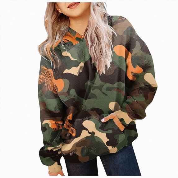 Xudanell Camo Hoodies For Teen Girls Oversized Long Sleeve Sweatshirt Hooded Cute Y2K Hoodie Teen Outfits 2-14 Years (11-12, Gold)