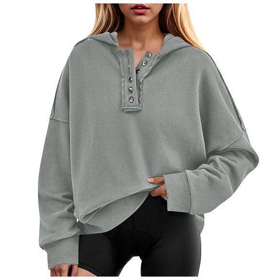 Xudanell Cropped Hoodie Women Button up Tops V Neck Fall Oversized Sweatshirt Womens Cropped Sweatshirt Grey M