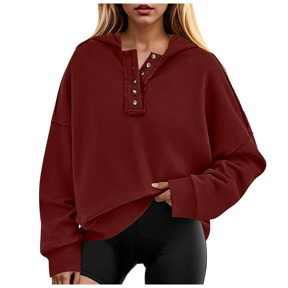 Xudanell Cropped Hoodie Women Button up Tops V Neck Fall Oversized Sweatshirt Womens Cropped Sweatshirt Red L