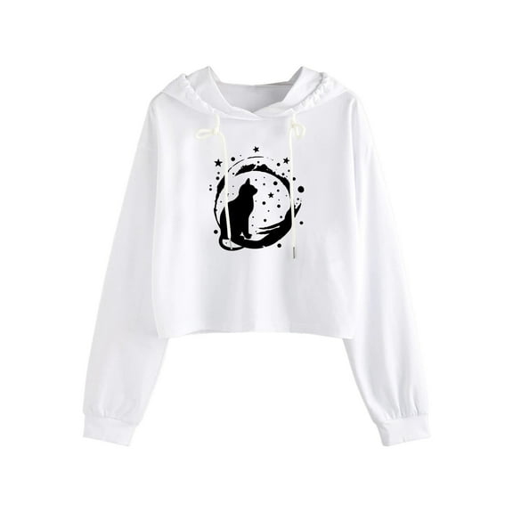 Xudanell Cropped Sweatshirts for Women Fitted Chic Shirt Printed Cat Hoodie Women Sweatshirt Top Light Pink S