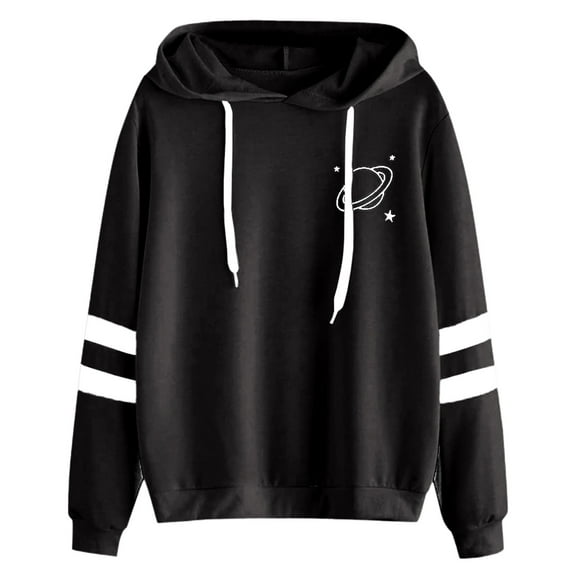 Xudanell Cute Hoodies Solid Color Womens Long Sleeve Tops Striped Sleeves Pullover Sweater Gym Clothes for Woman Black XL