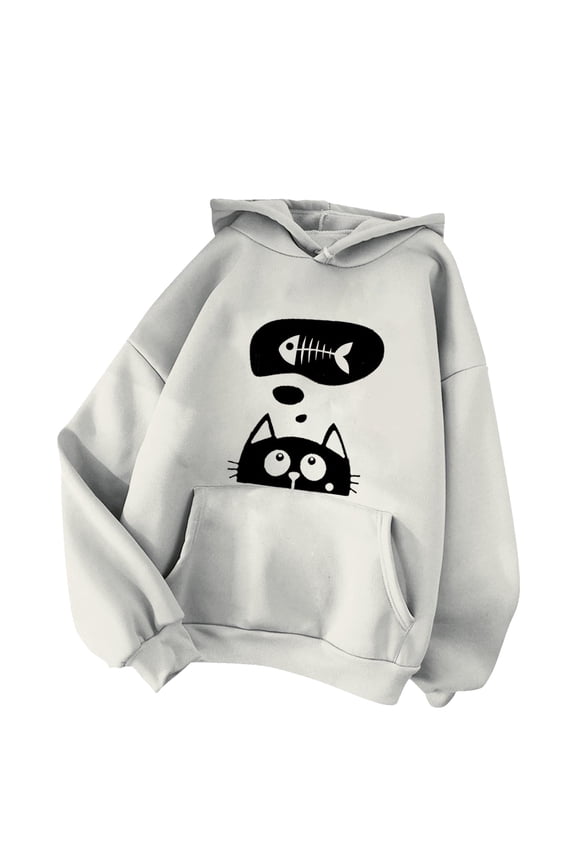 Cute Hoodies for Teen Girls Cat Fish Print Pullover Hooded Long Sleeve Fall Winter Casual Juniors Grey L