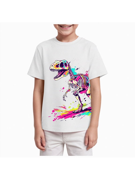 Dinosaur Neon Shirts for Boys Girls 3-14 Years, 3D Party Crew Neck Short Sleeve T-Shirts for Kids Graphic Tees