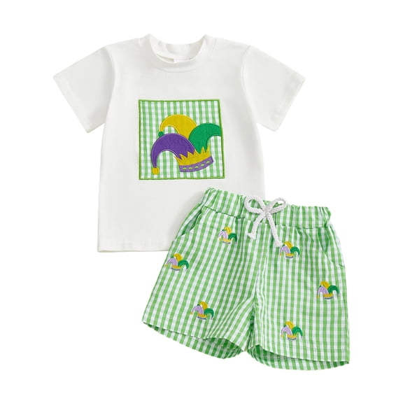 Xudanell Easter Baby Boy Outfit Truck Cross Short Sleeve T-shirt Plaid Shorts Set Toddler Little Boys Summer Clothes (Green, 12-18 Months)