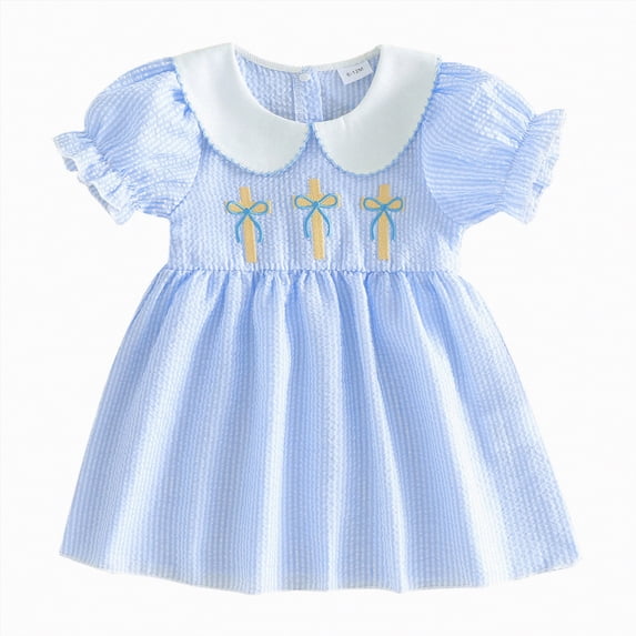 Xudanell Easter Dresses for Toddler Girls Embroidered Graphic Baby Girls Dresses with Puff Sleeve Trendy