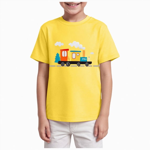 Xudanell Easter Shirts for Toddler Boy Short Sleeve Tractor Train Bunny Tshirt for Kids Cotton Tee Tops 2-7 Years (7-8 Years,Yellow)