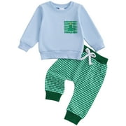 Xudanell First Birthday Outfit Boy Christmas Gingham Pants Trees Embroidery Sweatshirt 6-9 Month Boy Clothes Light Blue 12-18 Months