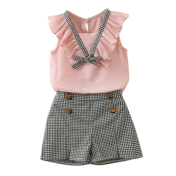 Xudanell First Birthday Outfit Girl Bowknot Chiffon Vest Sleeveless Checkered Button Down Short Pants Baby Clothes for Girls Pink 5-6 Years