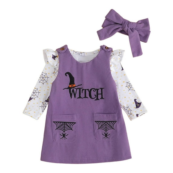 Xudanell First Birthday Outfit Girl Cute Halloween Baby Outfits Ruffle Pumpkin Frill Long Sleeve Overall Dress Set with Headband White 0-3 Months