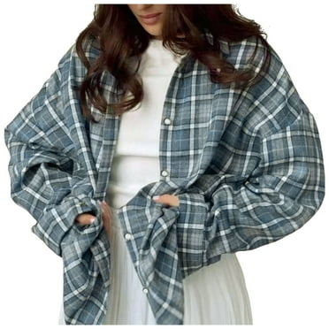 Xudanell Flannel for Women Shacket Jacket Fashion Plaid Button Shirt 2024 Fall Coat Tops (Light Blue,M)