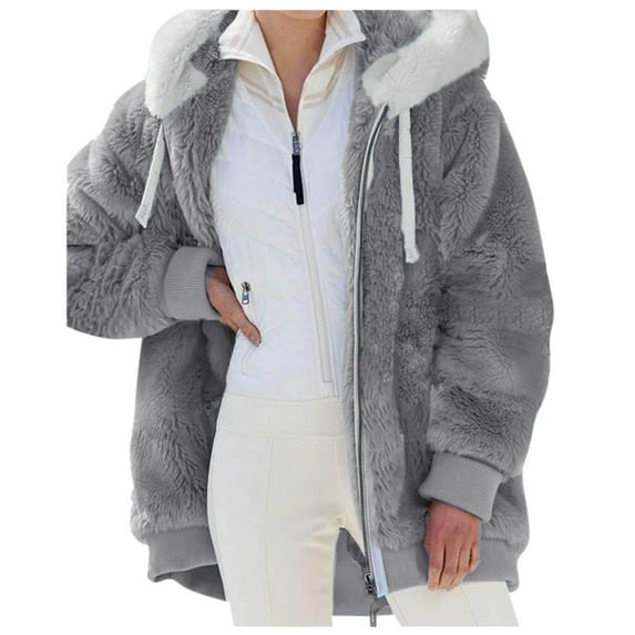 Xudanell Fleece Jacket Womens Winter Hooded Cardigan Sherpa Winter Coats Warm Outerwear (Grey,4XL)