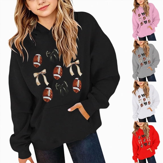 Xudanell Football Oversized Hoodies for Girls Casual Loose Cute Bow Print Hooded Sweatshirts with Pocket Teen Long Sleeve Trendy(Grey,5-6 Years)
