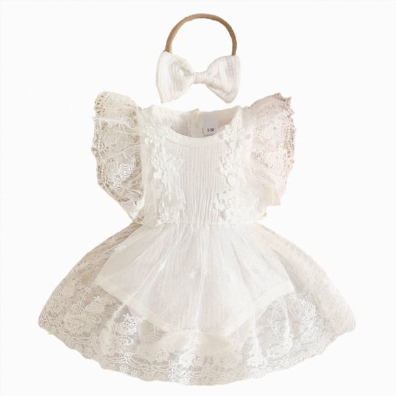 Xudanell Girl Romper Dress Short Sleeve Mesh Tutu Dress Girls Lace Mesh Dress Jumpsuits with Headband(White, 12-18 Months)