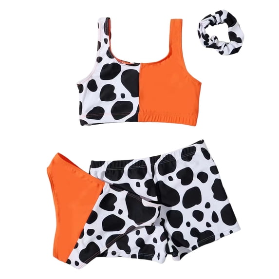 Xudanell Girl's 3 Piece Bikini Bathing Suit Printed Sport Swimsuits with Shorts Cove Up Sets Teen Girl's Swimwear (Orange, 8-10 Years)