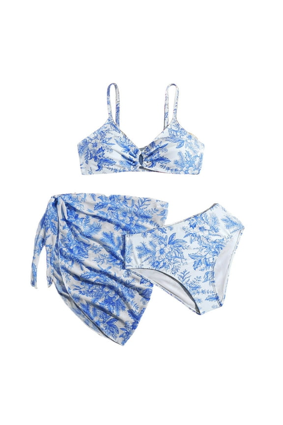 Girl's 3 Piece Swimsuits Floral High Waisted Bikini Bathing Suit with Mesh Coverups Skirt (Blue, 15-16 Years)