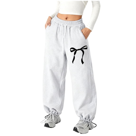 Xudanell Girl's Bowknot Baggy Sweatpants Lightweight Straight Leg Athletic Pants with Pockets (White, 8-9 Years)