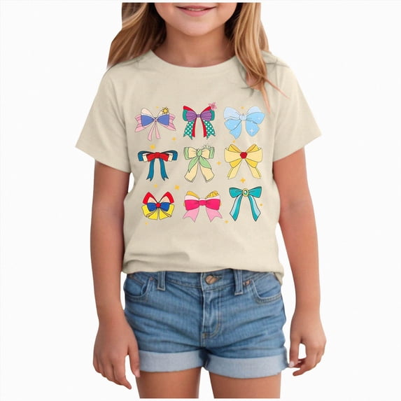 Xudanell Girl's Graphic Print Tee Shirt Round Neck Short Sleeve T Shirts Summer Cute Trendy Tops (Beige, 18-24 Months)