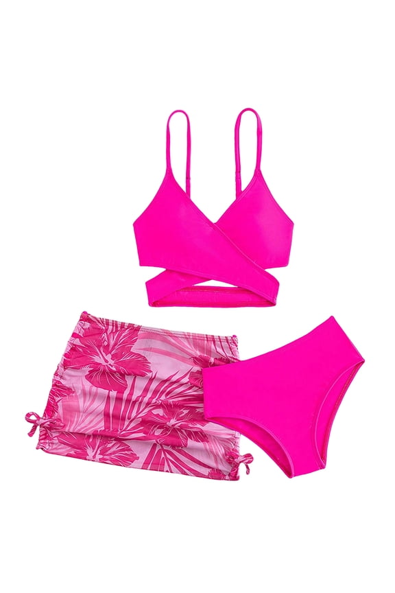 Girls 2 Piece Swimsuits with Skirts Criss Cross Swim Bathing Suits Teen Girls' Swimwear Adjustable Strap Bikini Set (Hot Pink, 11-12 Years)