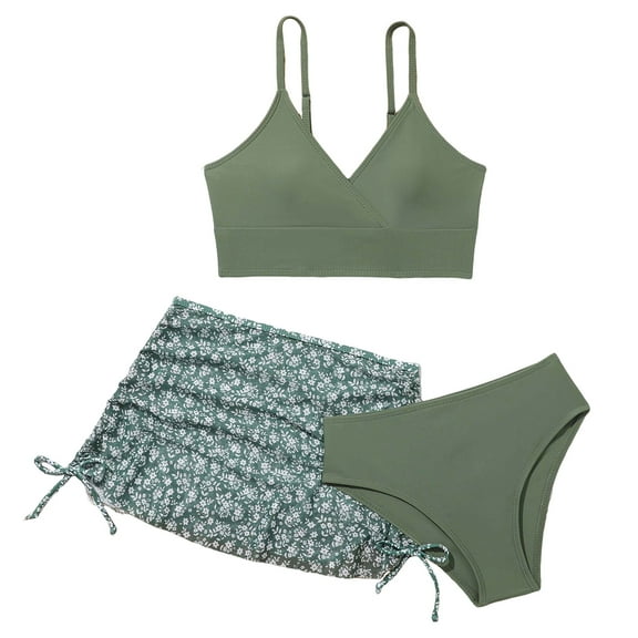 Xudanell Girls 3 Piece Swimsuits Bathing Suit Cute Ruffle Floral Print Bikini Set with Skirt Kids Swimwear Size 9-14 Years (AG, 9-10 Years)