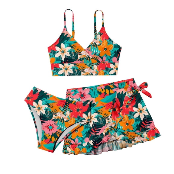 Xudanell Girls 3 Pieces Bikini Set Floral Print Wrap Swimsuit Drawstring Beach Skirt Cute Ruched Bathing Suit (Brick Red, 12-13 Years)