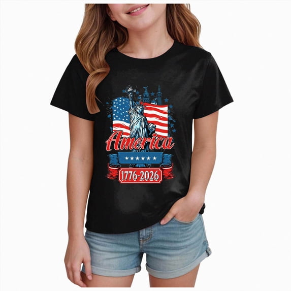 Xudanell Girls 4th of July Shirts Kid 250th Anniversary Vintage T Shirt Patriotic Clothes for Summer Short Sleeve Black 5-6 Years