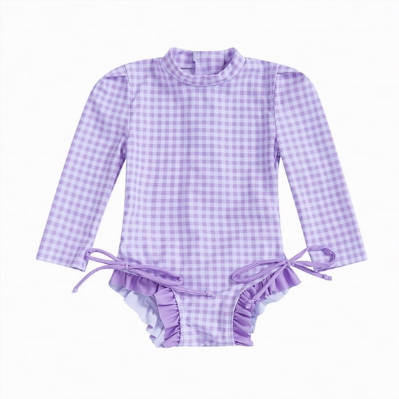 Xudanell Girls Bathing Suit Plaid Printed Round Neck Swimsuit with Ruffle Bow Comfortable Baby Clothes Light Purple 2-3 Years