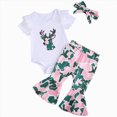 thumbnail image 1 of Xudanell Girls Birthday Outfit Deer Pattern Ruffle Romper Camo Bell Bottoms Newborn Infant Three Piece Set Green 0-3 Months, 1 of 7