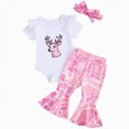 thumbnail image 1 of Xudanell Girls Birthday Outfit Deer Pattern Ruffle Romper Camo Bell Bottoms Newborn Infant Three Piece Set Pink 0-3 Months, 1 of 7