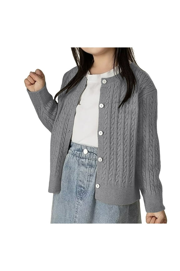 Girls Cardigan School Uniform Sweater Solid Crew Neck Long Sleeve Cotton Sweaters Jackets (Grey,5-6 Y)
