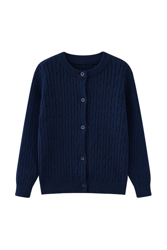 Girls Cardigan Sweater Button Long Sleeve School Uniform Crewneck Knit Solid Sweaters Tops (Blue,7-8 Y)