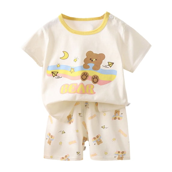 Xudanell Girls Cotton Knit Pajamas Toddler Summer Top & Shorts Sung Fit Cartoon Print Sleepwear Clothes Set Size 4-14 (Beige, 3-4 Years)