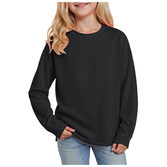 Xudanell Girls Crewneck Sweatshirt Long Sleeve Pullover Tops Drop Shoulder Sweatshirts Side Split for Size 13-14 Years