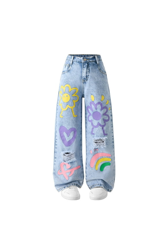 Girls Denim Pants Heart Flower Print High Elastic Waisted Denim Pants Ripped Jean Pants for Girls Light Blue 11-12 Years